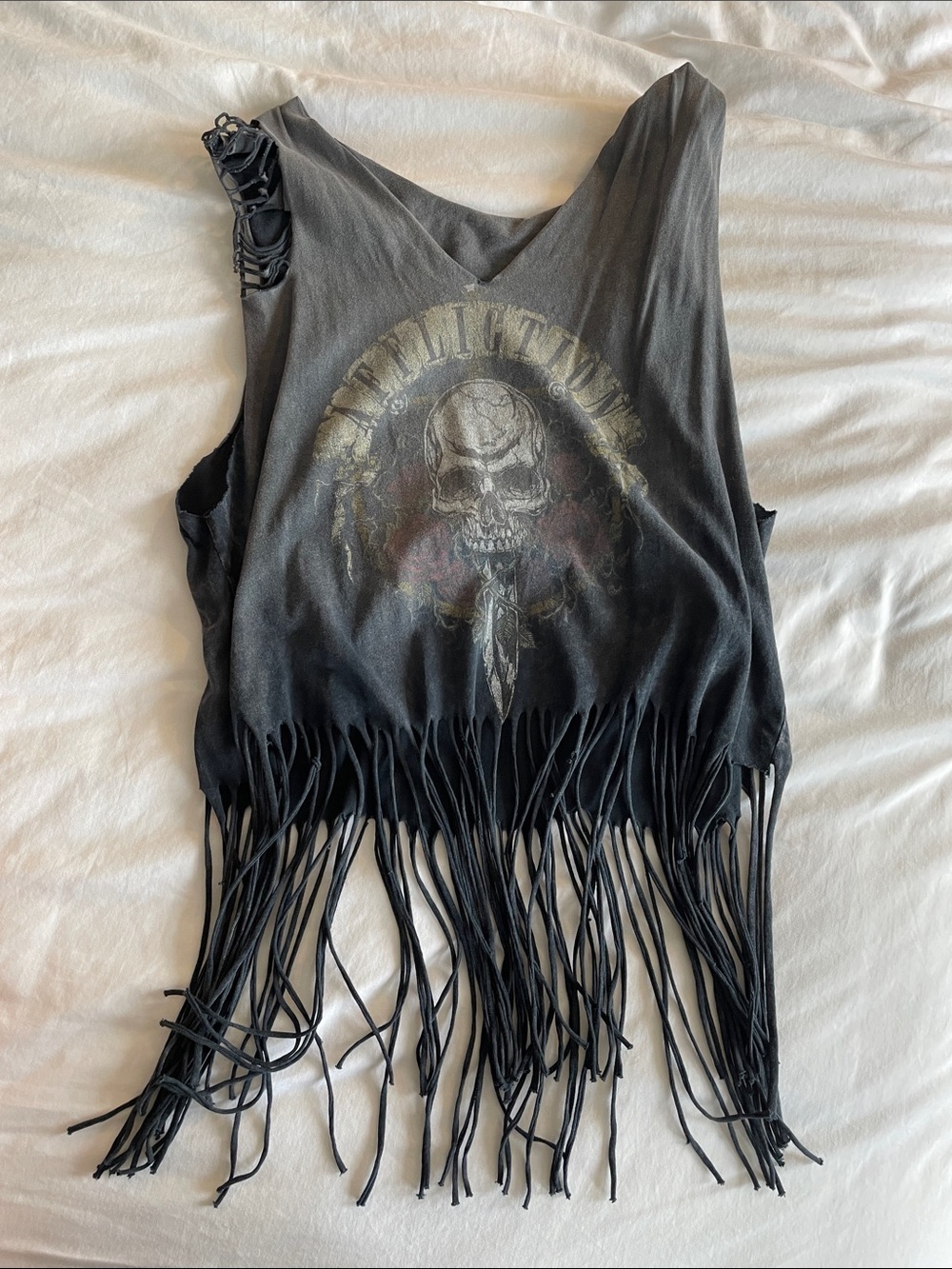 Affliction, Fringed Skull Graphic Tank Top - Black/Grey, Small